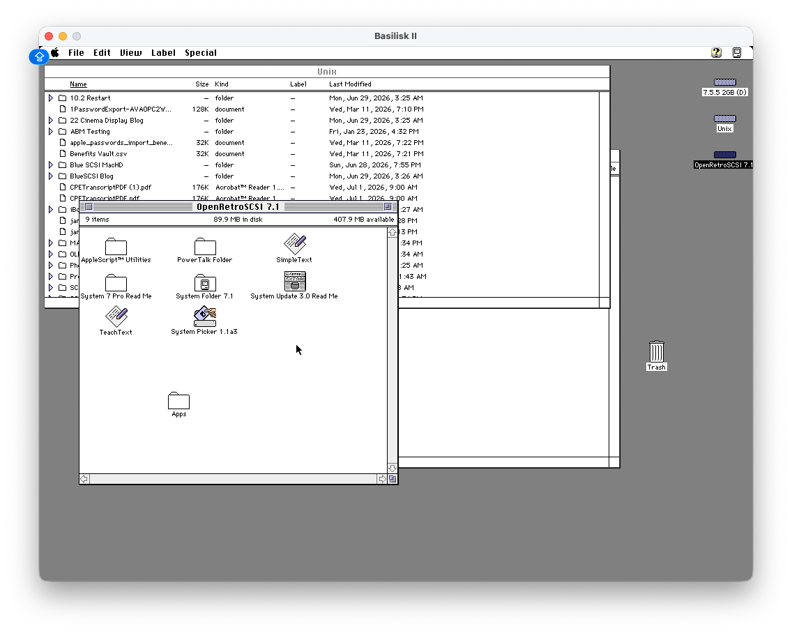 OpenRetroSCSI 7.1 target disk window open in Basilisk II showing System Folder 7.1 and Apps folder