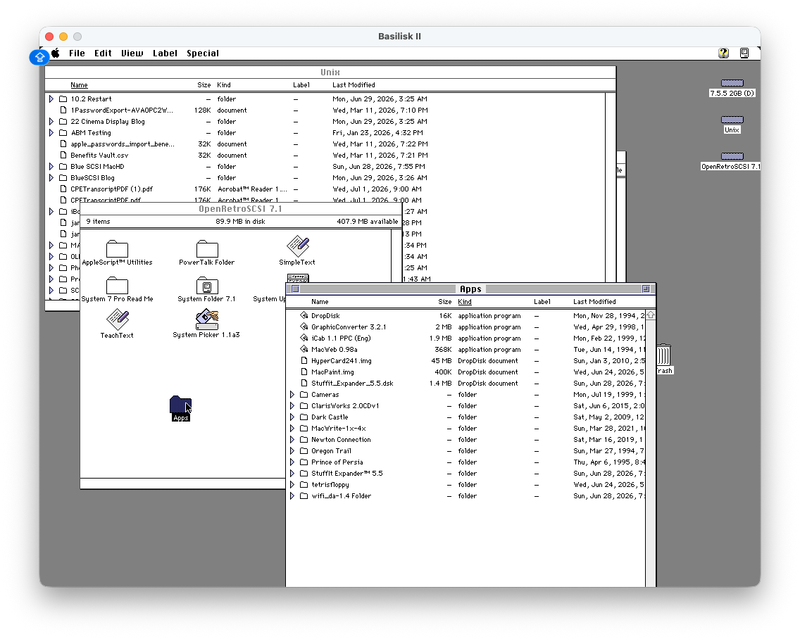 OpenRetroSCSI Apps folder in Basilisk II showing DropDisk, GraphicConverter, iCab, MacWeb, HyperCard, MacPaint, StuffIt, games, and wifi_da folder