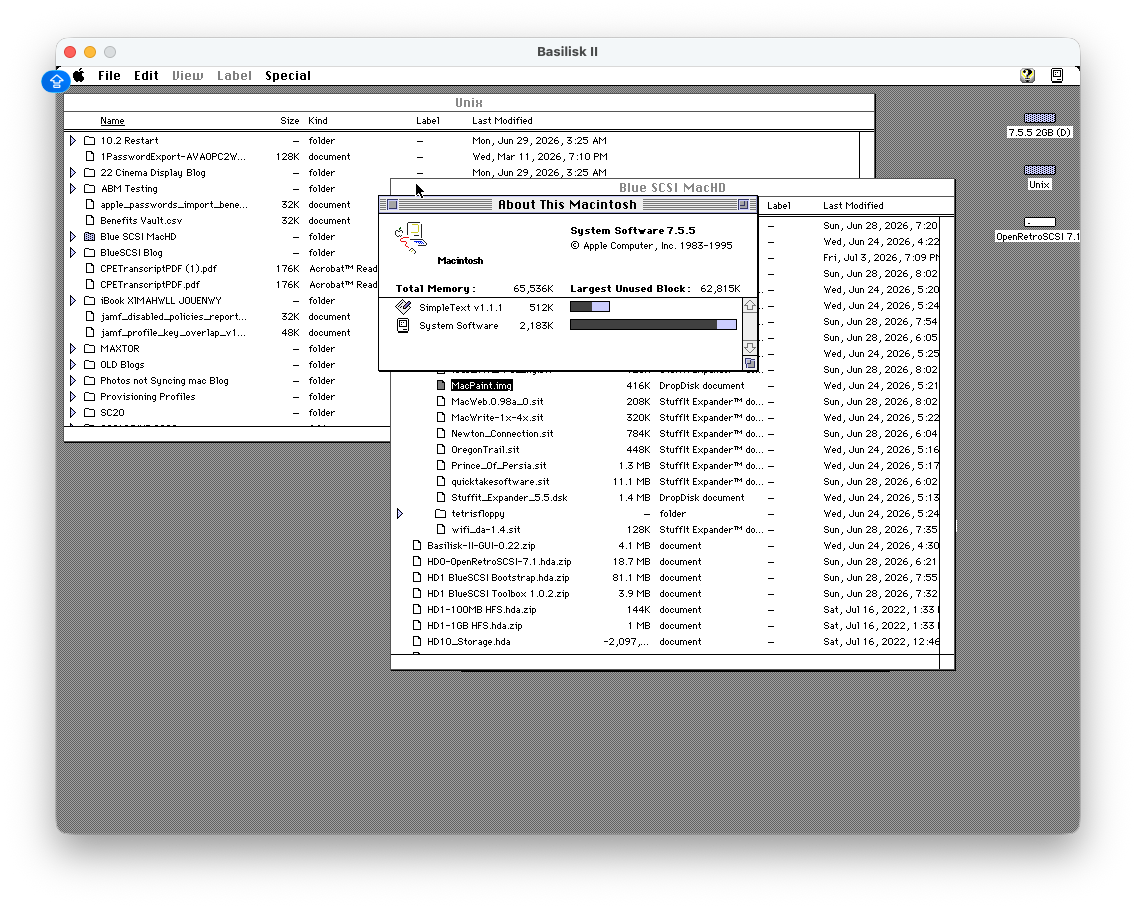 Basilisk II About This Macintosh window showing System Software 7.5.5 with Blue SCSI MacHD files visible behind it