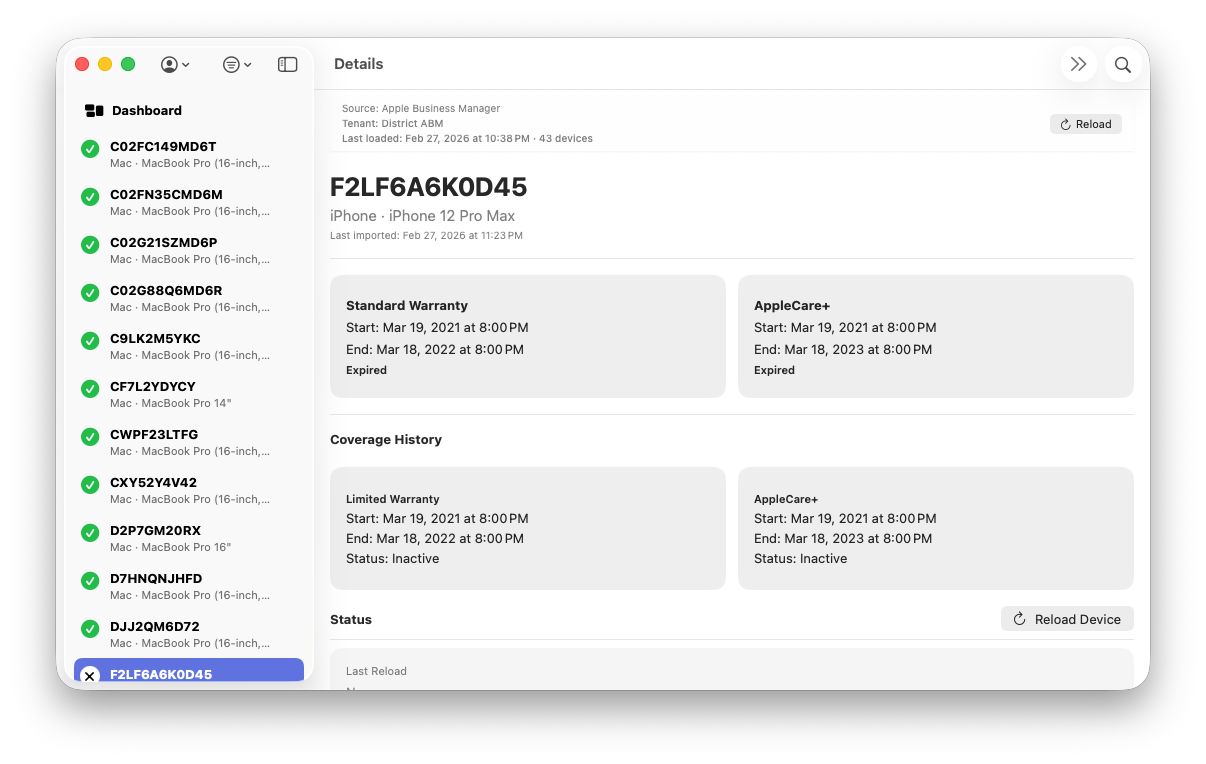 ABM Warranty Screenshot